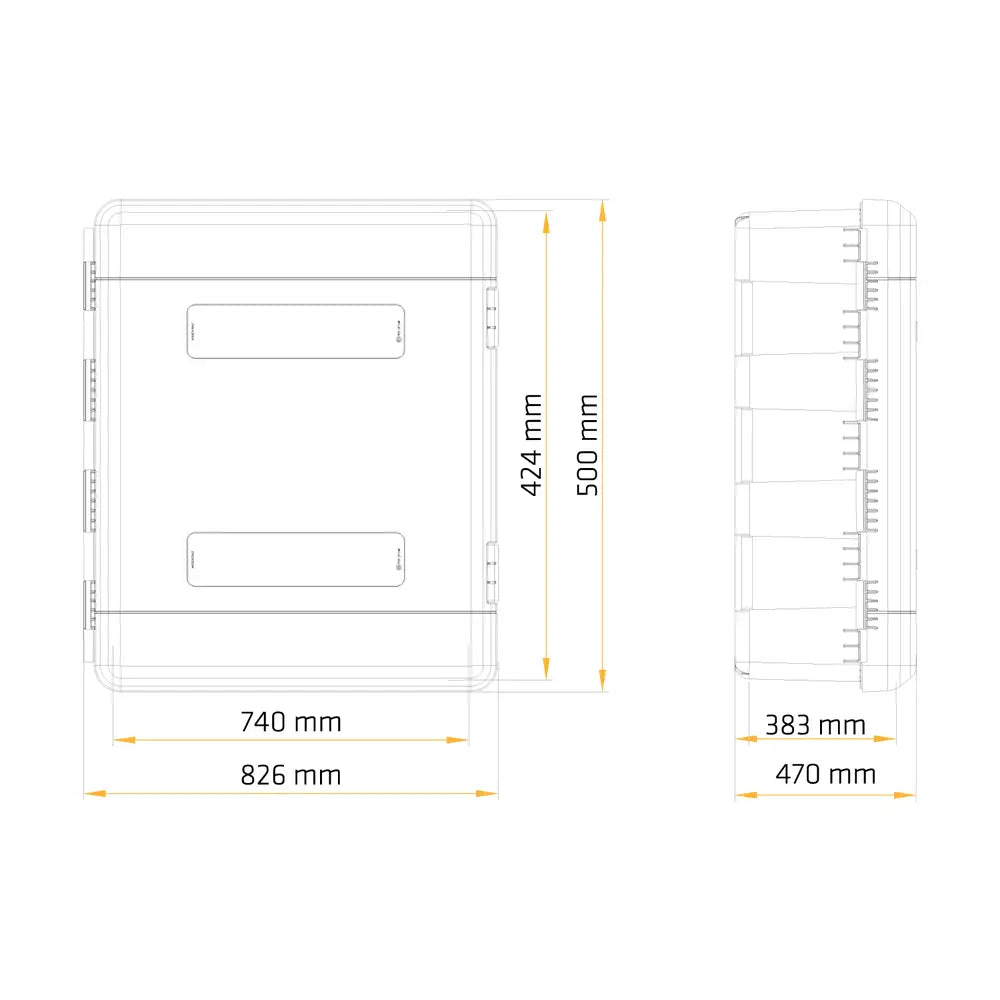 Verktøykasse Daken Just, teknisk tegning med mål i millimeter vist forfra og fra siden.