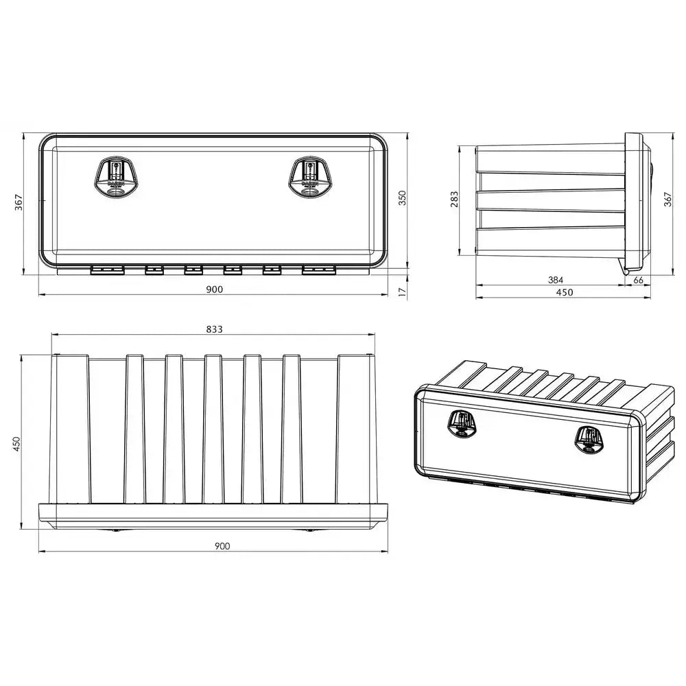 Verktøykasse Daken Just 900, teknisk strekningstegning med detaljerte mål, spor i toppen og to festepunkter.