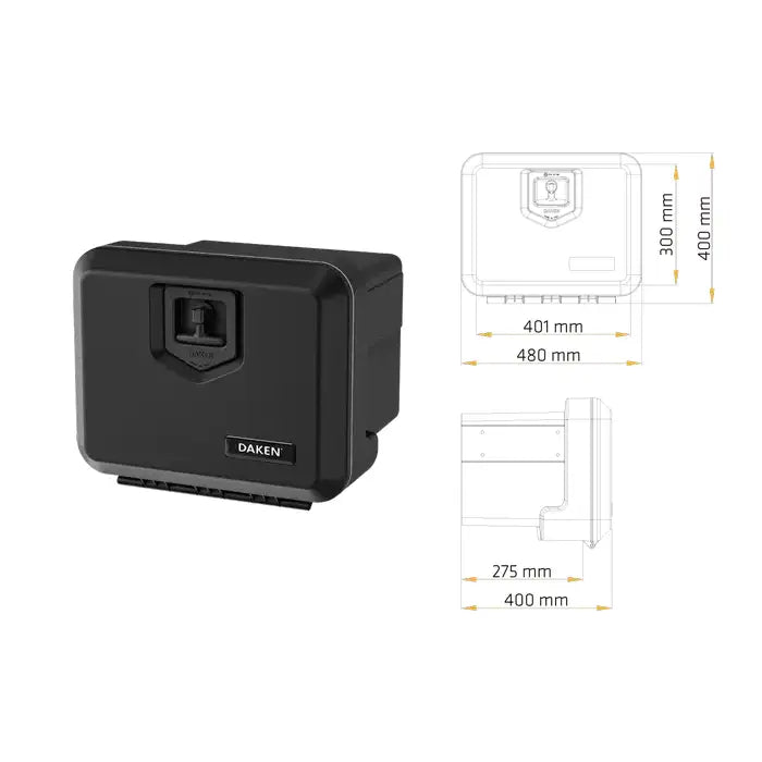 Verktøykasse Daken Welvet 500, skrå forfra med lås og logo, samt tekniske måltegninger til høyre.