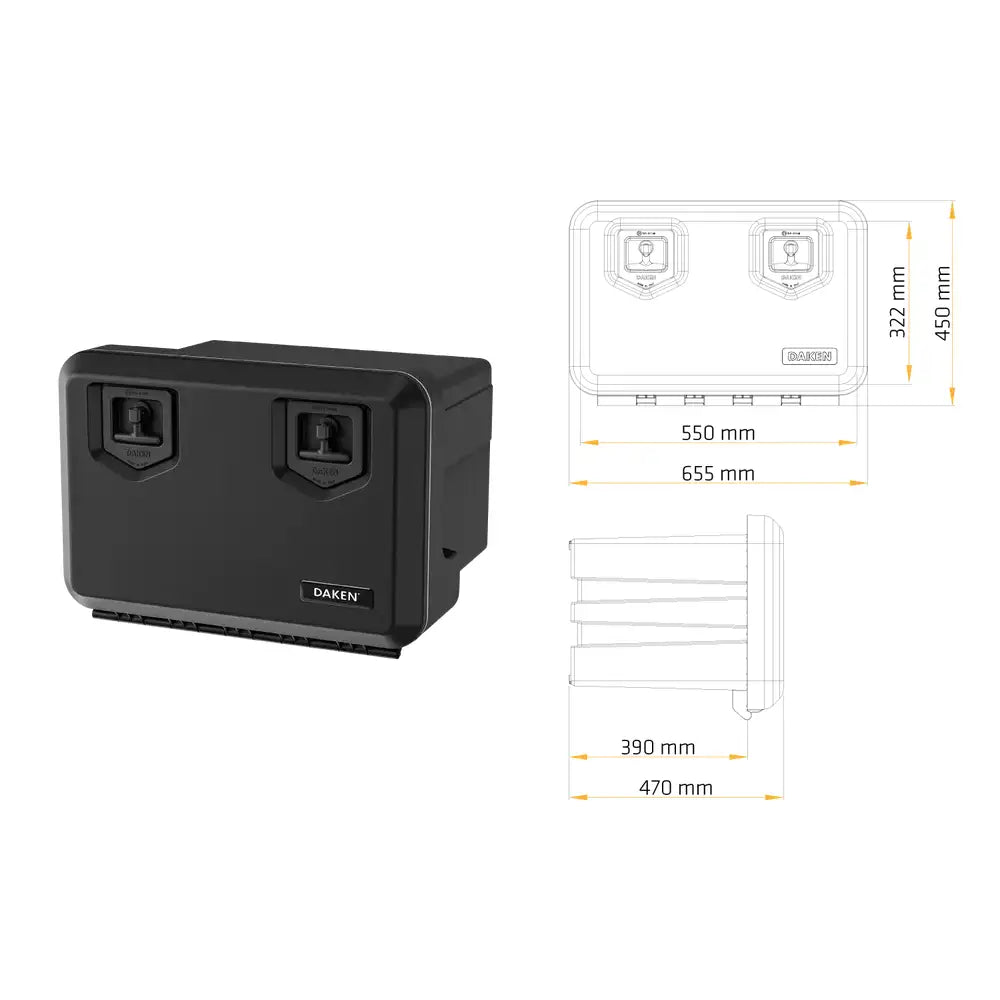 Verktøykasse Daken Welvet 600, sort plastboks med doble låser, vist med måldiagram fra forside og venstre side.