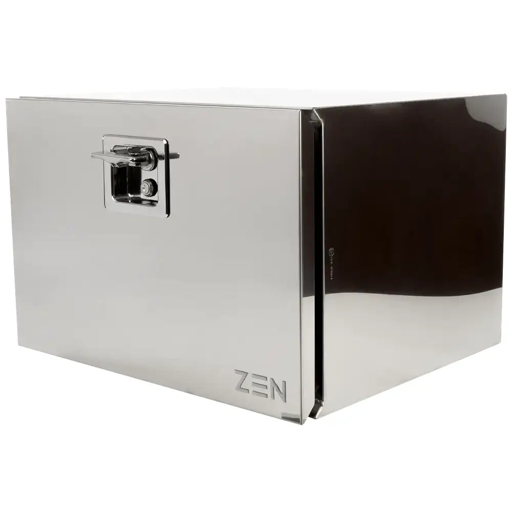 Verktøykasse ZEN13 i rustfritt stål, skrå forside med integrert lås og preget ZEN-logo nederst på fronten.