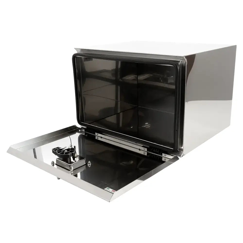 Verktøykasse ZEN13 i blankt stål, skråvisning med åpen frontluke og synlig indre lagringsplass.