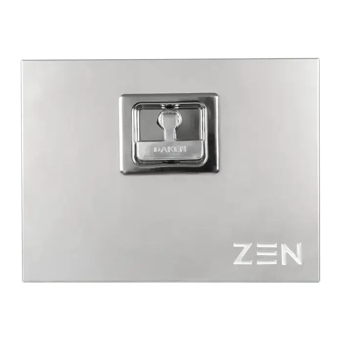 Verktøykasse ZEN23 i rustfritt stål, frontvisning med blank finish, sentrert lås og inngravert ZEN-logo.