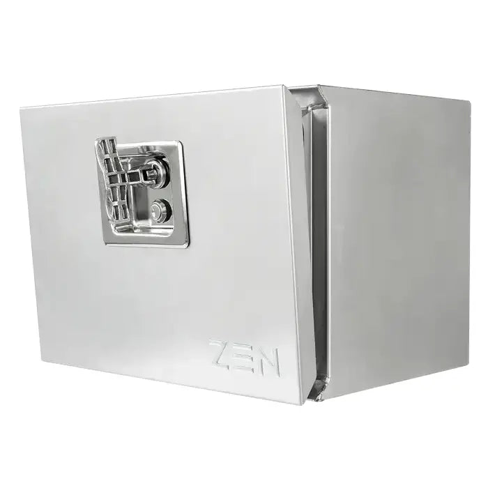 Verktøykasse Daken ZEN23, side- og frontvisning med solid lås og inngravert ZEN-logo på blank metalloverflate.