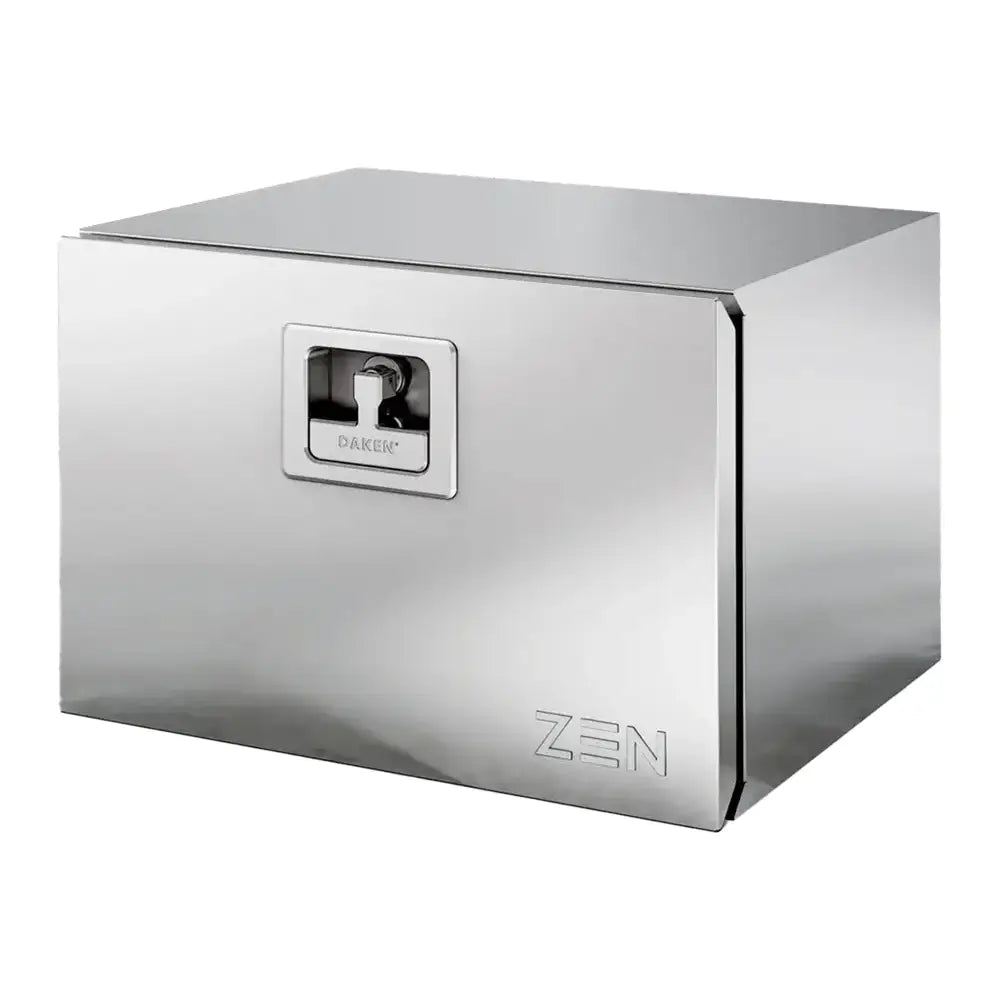 Verktøykasse ZEN23 i rustfritt stål, skrå frontvisning med integrert lås, håndtak og preget ZEN-logo.