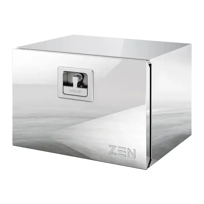 Verktøykasse ZEN31 i blankt metall, skråvisning som fremhever integrert lås og preget "ZEN" på fronten.