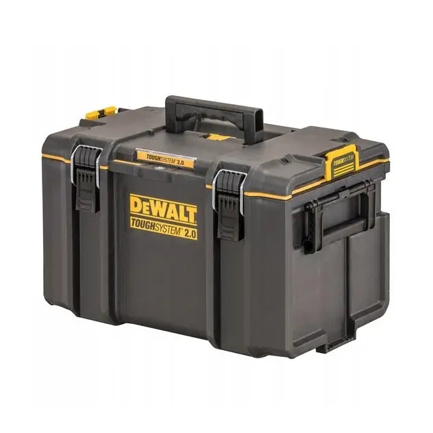 Verktøykasse Ds400 Toughsystem, nærbilde av bærehåndtak, gule detaljer og kraftige låsespenger foran.