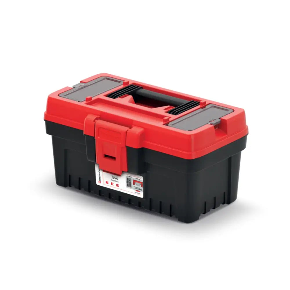 Verktøykasse Evo 30, sort og rød plastmodell sett skrått forfra med robust bærehåndtak og synlig lås foran.