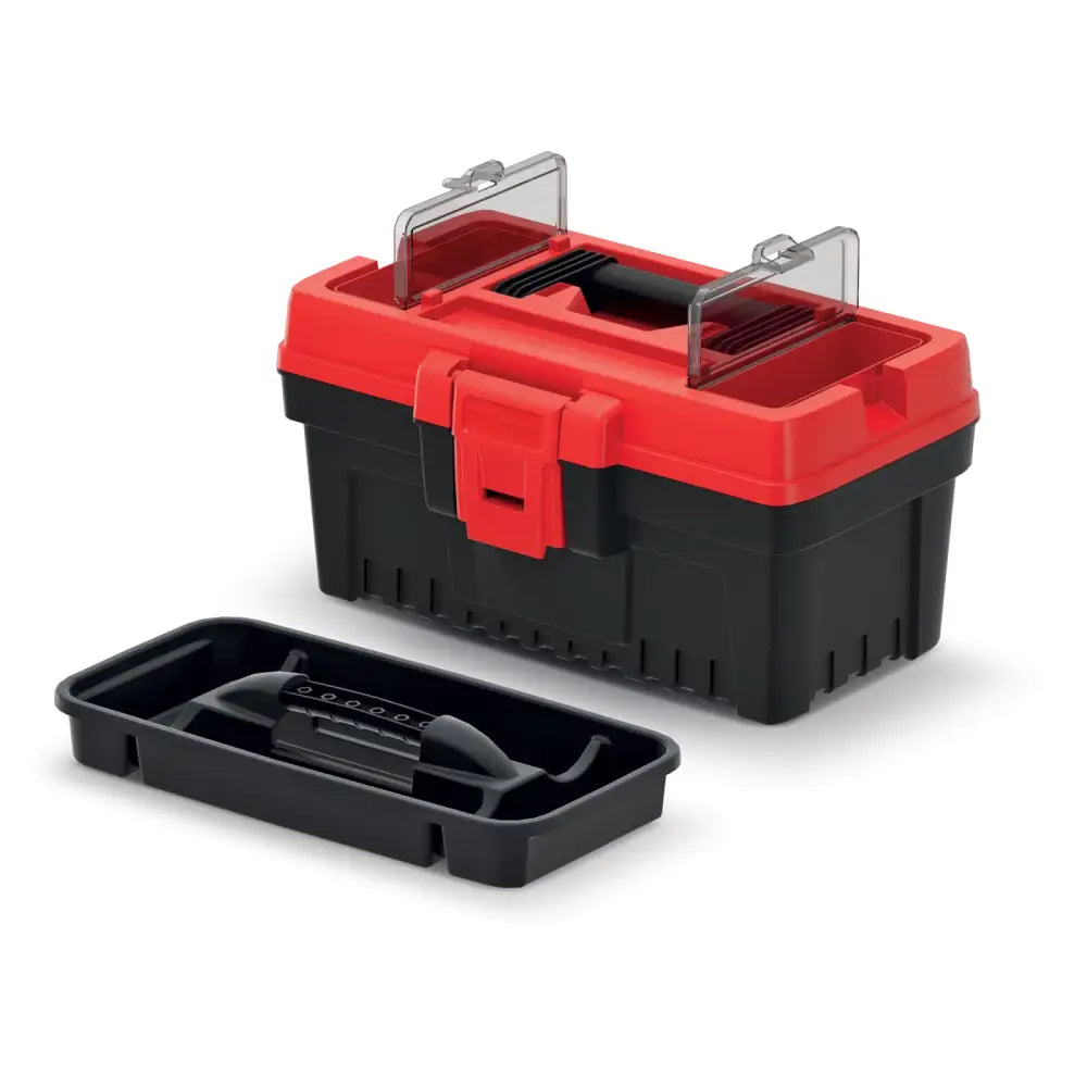 Verktøykasse Evo 30 i sort og rød plast, vist med uttagbart brett og to gjennomsiktige lokk på toppen.