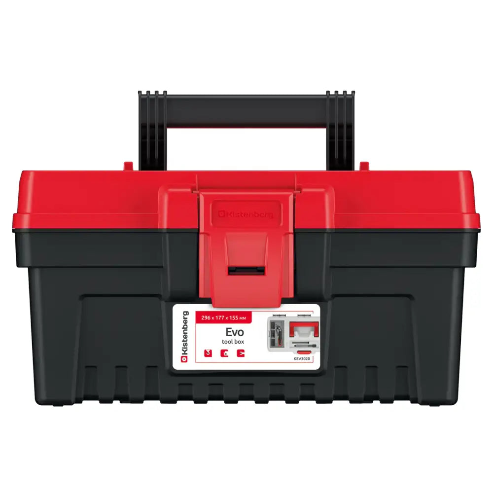 Verktøykasse Evo 30, svart plast med rødt lokk, frontvisning som fremhever lås, håndtak og etikett.