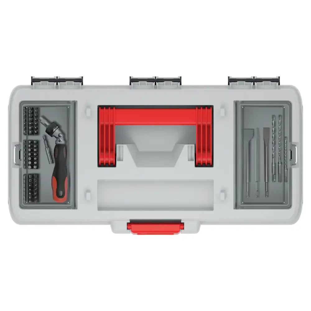 Verktøykasse Evo 30 sett ovenfra, viser rød bærehank og sortert innhold med bits og bor i egne rom.