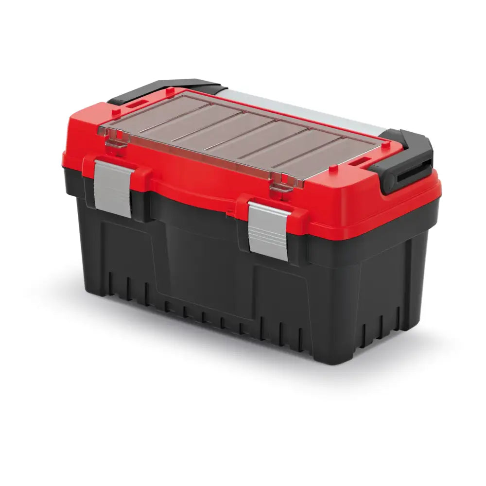 Verktøykasse Evo 50, svart med rødt lokk, grå metallspenner og gjennomsiktig rom i lokket, på hvit bakgrunn.