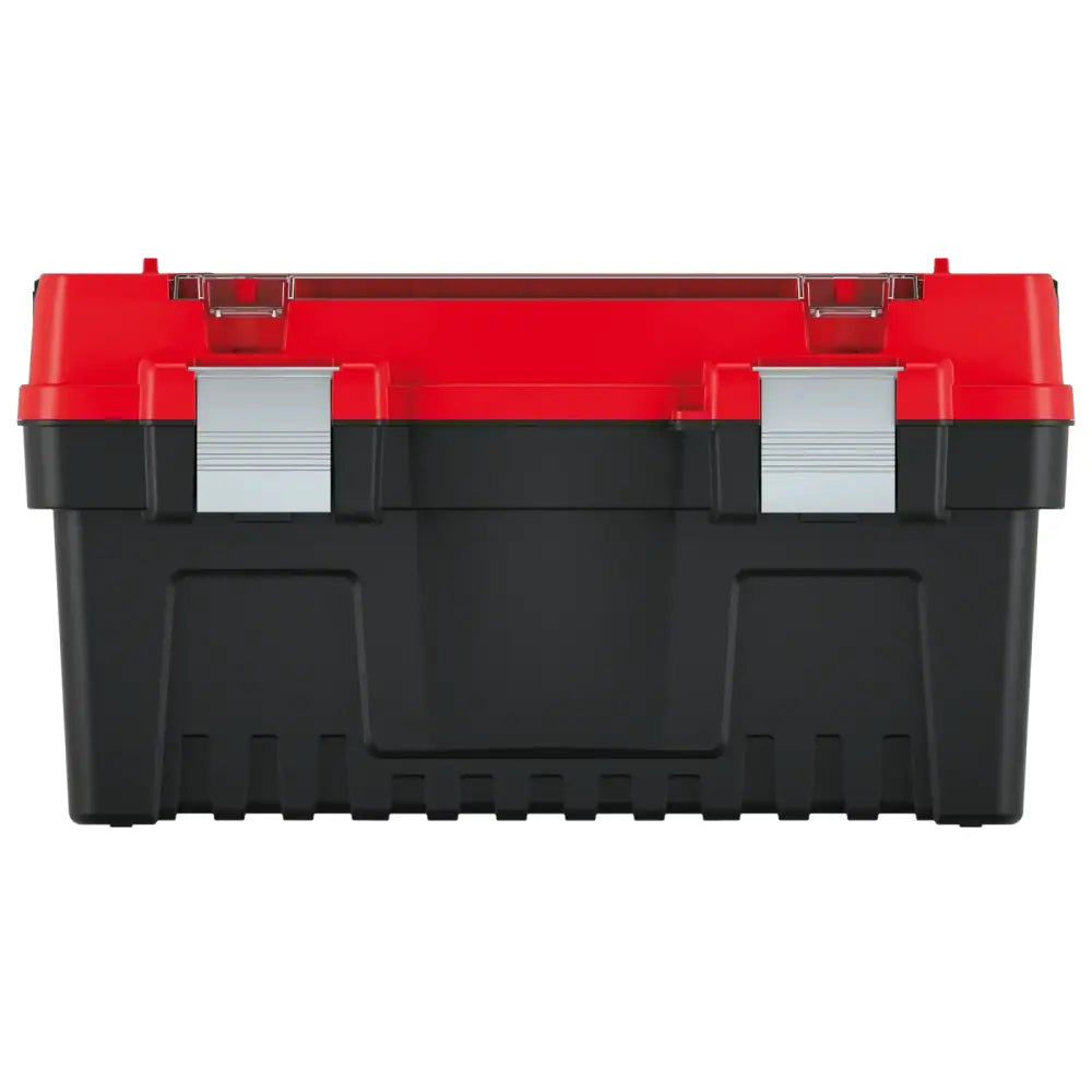 Verktøykasse Evo 50, frontvisning med rødt lokk, to solide metallklips og sort plastkropp.