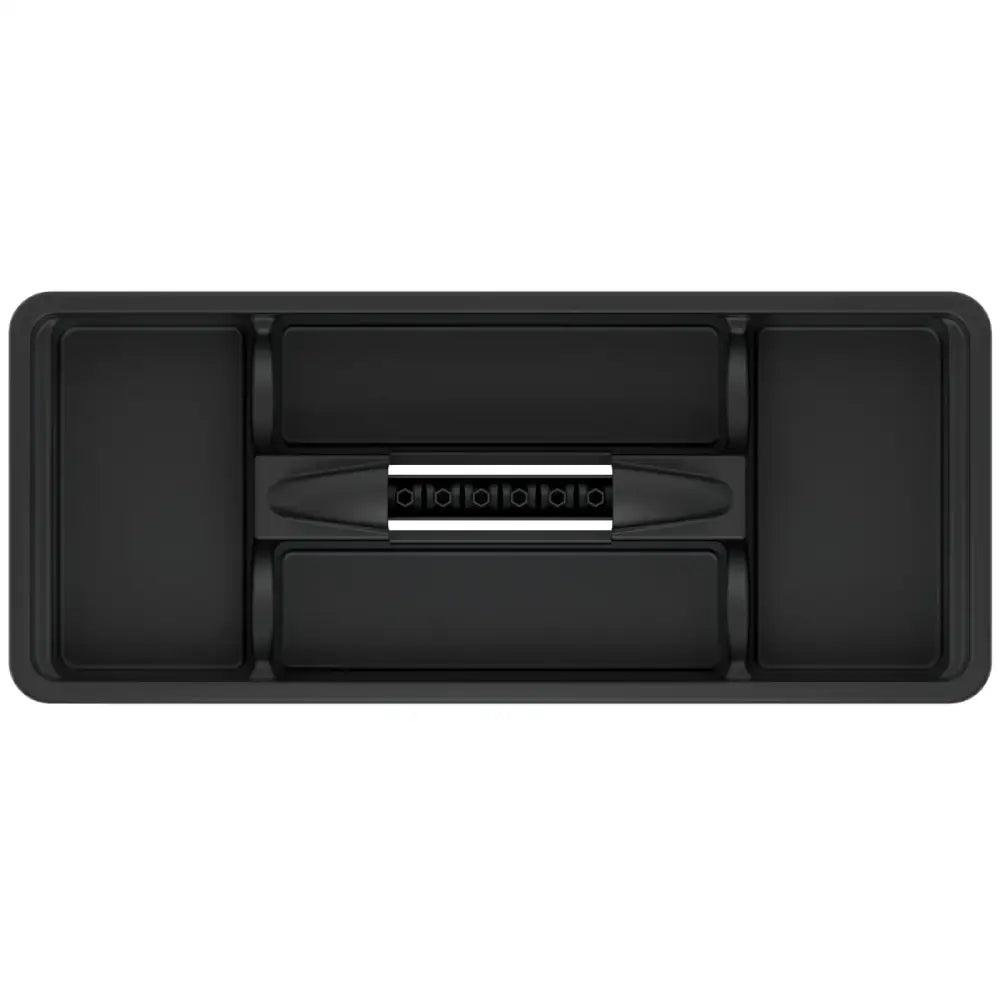 Verktøykasse Evo 50, sort innsats med rominndeling og sentralt metallfelt, sett ovenfra for skuffeorganisering.