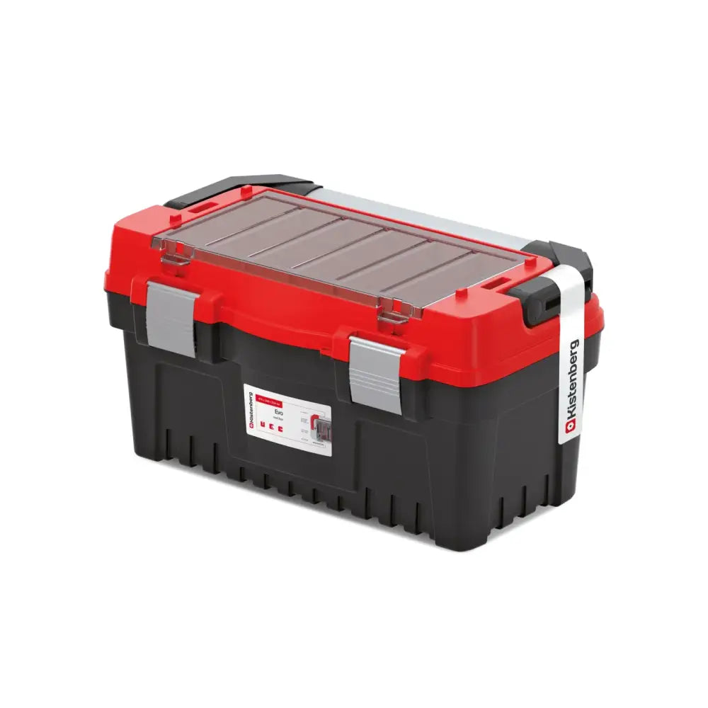 Verktøykasse Evo 50, skrå vinkel som fremhever metallspenner og gjennomsiktig lokk med organiserte rom.