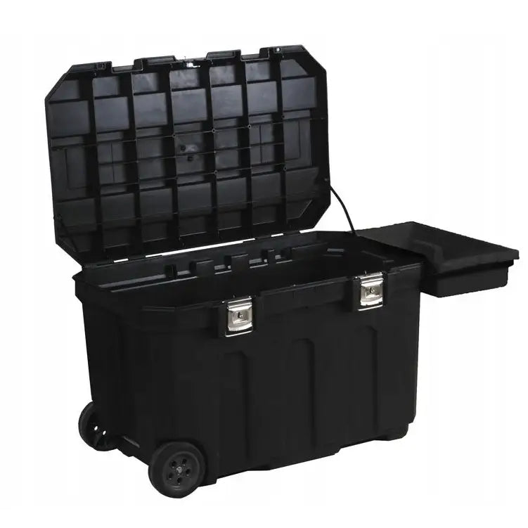 Verktøykasse Kombi 189L Stanley, skråvisning med åpent lokk, metallspenner og hjul fremhevet.