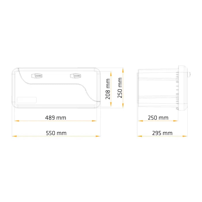 Verktøykasse med håndtak, teknisk strekillustrasjon som viser mål og form fra front og side.