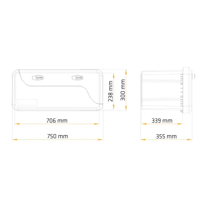 Verktøykasse med håndtak, teknisk tegning som viser mål for bredde, høyde og dybde fra to vinkler.