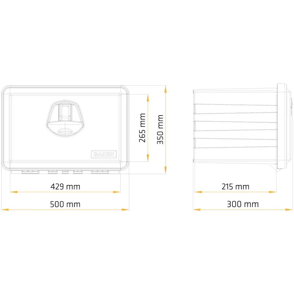 Verktøykasse med håndtak, teknisk tegning med mål og detaljerte visninger av front og side.