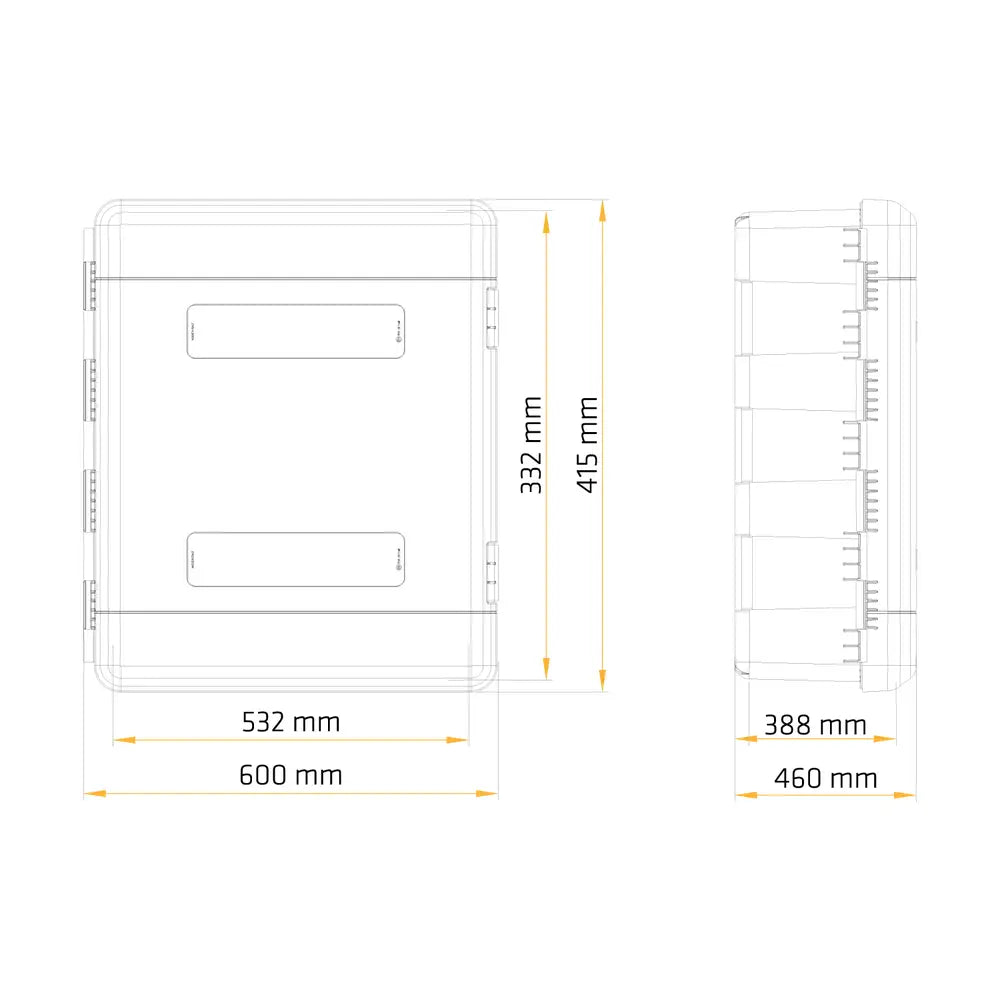 Verktøykasse med håndtak, teknisk strektegning med mål i mm, vist fra for- og sideperspektiv.