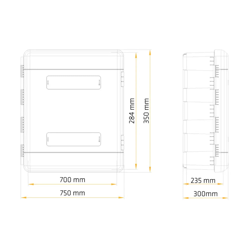 Verktøykasse med håndtak, teknisk strekillustrasjon med gule målmarkeringer rundt front og side.