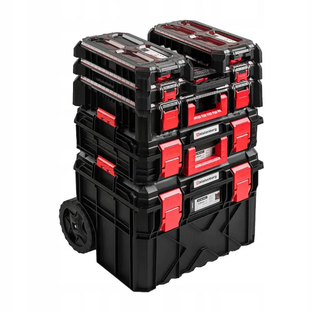 Verktøykasse med hjulmodul, sort tralle med fire stablede bokser, røde låser og store sidehjul.