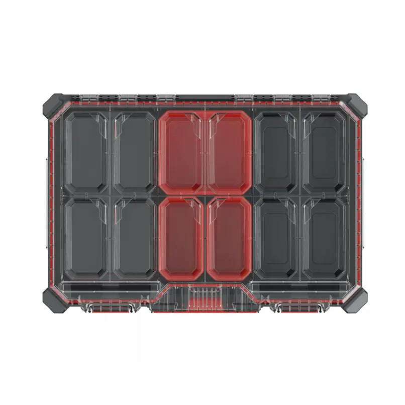 Verktøykasse med hjulmodul, sortimentsboks sett ovenfra med fire røde rom og gjennomsiktig lokk.