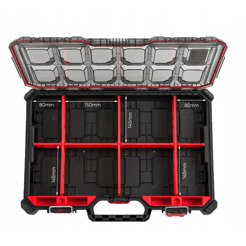 Verktøykasse med hjulmodul, sort plastkoffert med røde skillevegger og gjennomsiktig lokk sett ovenfra.