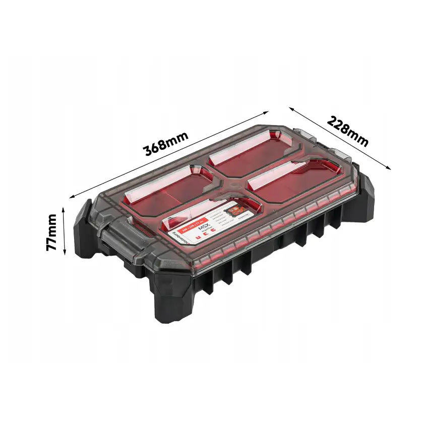 Verktøykasse med hjulmodul fra Kistenberg, skråvisning som viser gjennomsiktig lokk og mål på lokket.