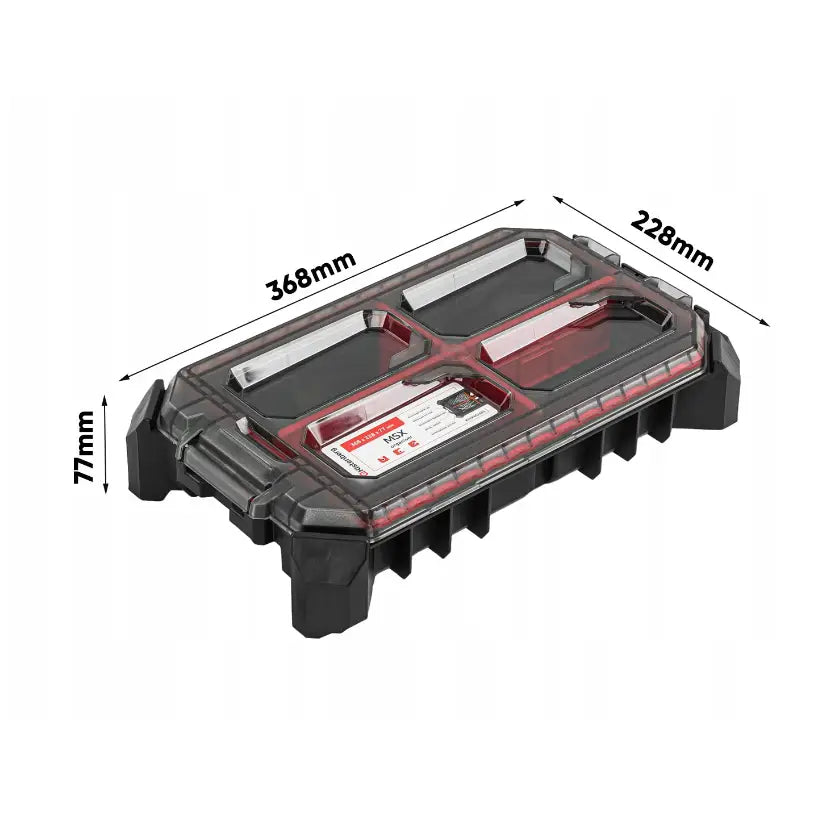 Verktøykasse med hjulmodul fra Kistenberg, skrå oversiktsvisning, gjennomsiktig lokk og målmarkering.