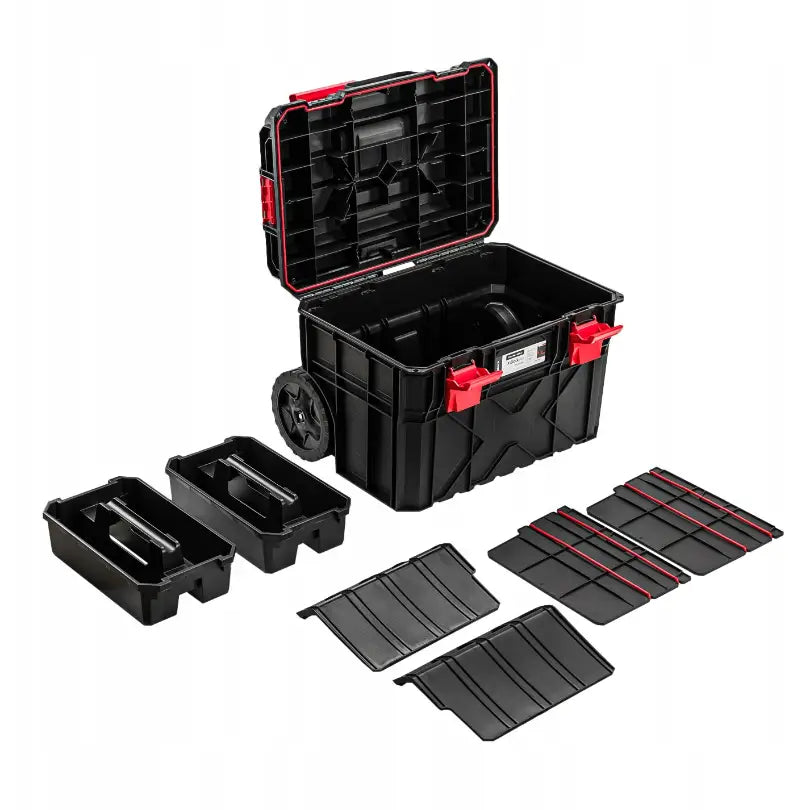 Verktøykasse med hjulmodul, åpen med røde detaljer, to hjul og løse skillevegger foran kassen.