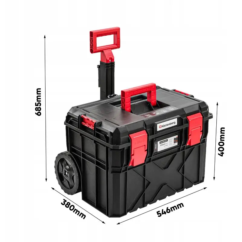 Verktøykasse med hjulmodul fra Kistenberg, sett fra siden med utfellbart håndtak og tydelige målangivelser.