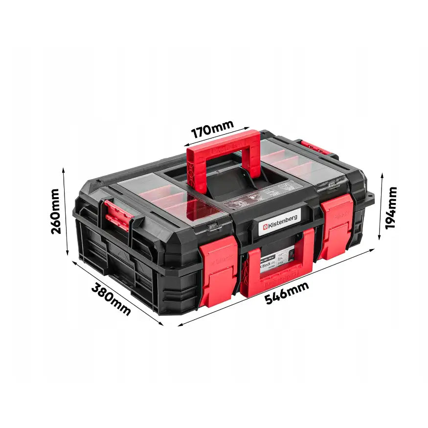 Verktøykasse med hjulmodul, sort og rød plast, sett i perspektiv med synlige mål og gjennomsiktige rom.
