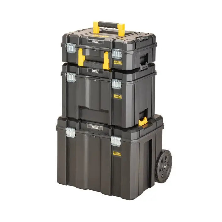 Verktøykasse med organizer fra Stanley, stablet system på hjul i sort plast med gule og sølv detaljer, 3/4-front.