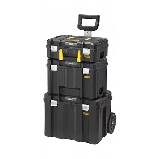 Verktøykasse med organizer på hjul, tre seksjoner, gule låser og teleskophåndtak, skrå forfra.