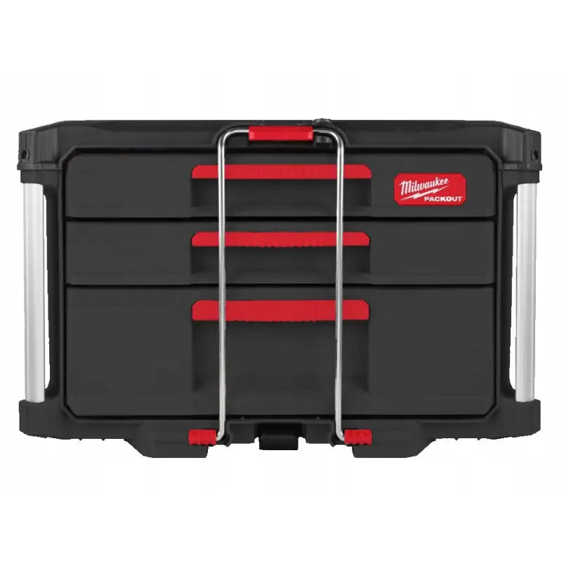 Verktøykasse med skuffer fra Milwaukee Packout, frontbilde som viser tre røde skuffer og sølvfargede sidepaneler.