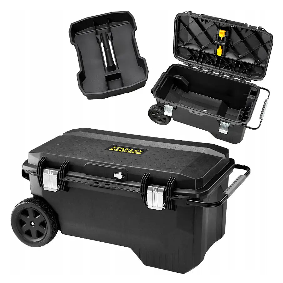 Verktøykasse på hjul fra Stanley, åpen med synlig innvendig brett, solide hjul og metallspenner.