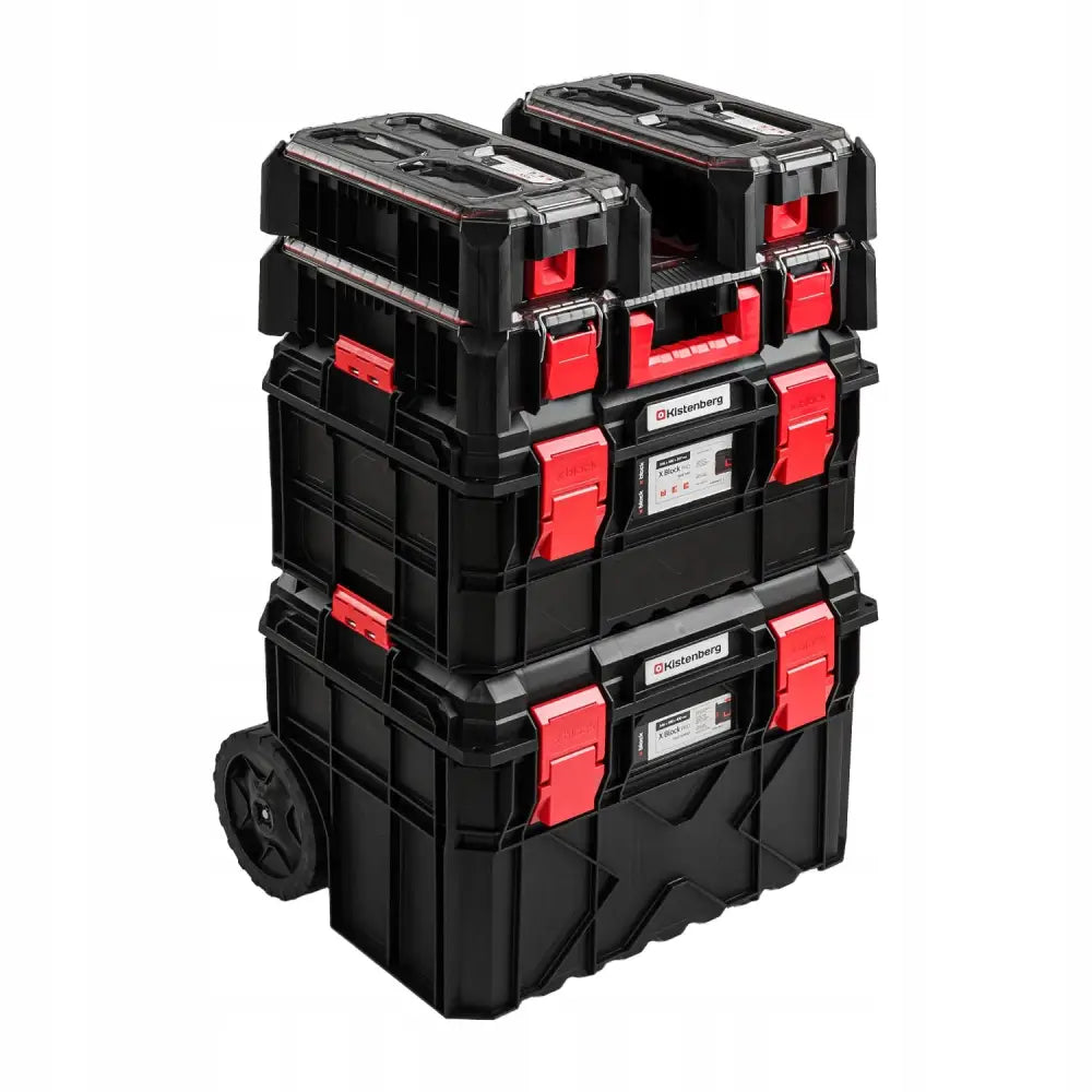 Verktøykasse på hjul fra Kistenberg, tre stablede svarte moduler med røde låser og store transporthjul.