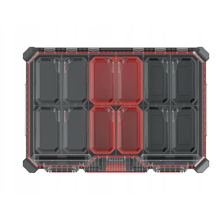 Verktøykasse På Hjul Kistenberg, sett ovenfra med åtte svarte og fire røde rom bak gjennomsiktig lokk.