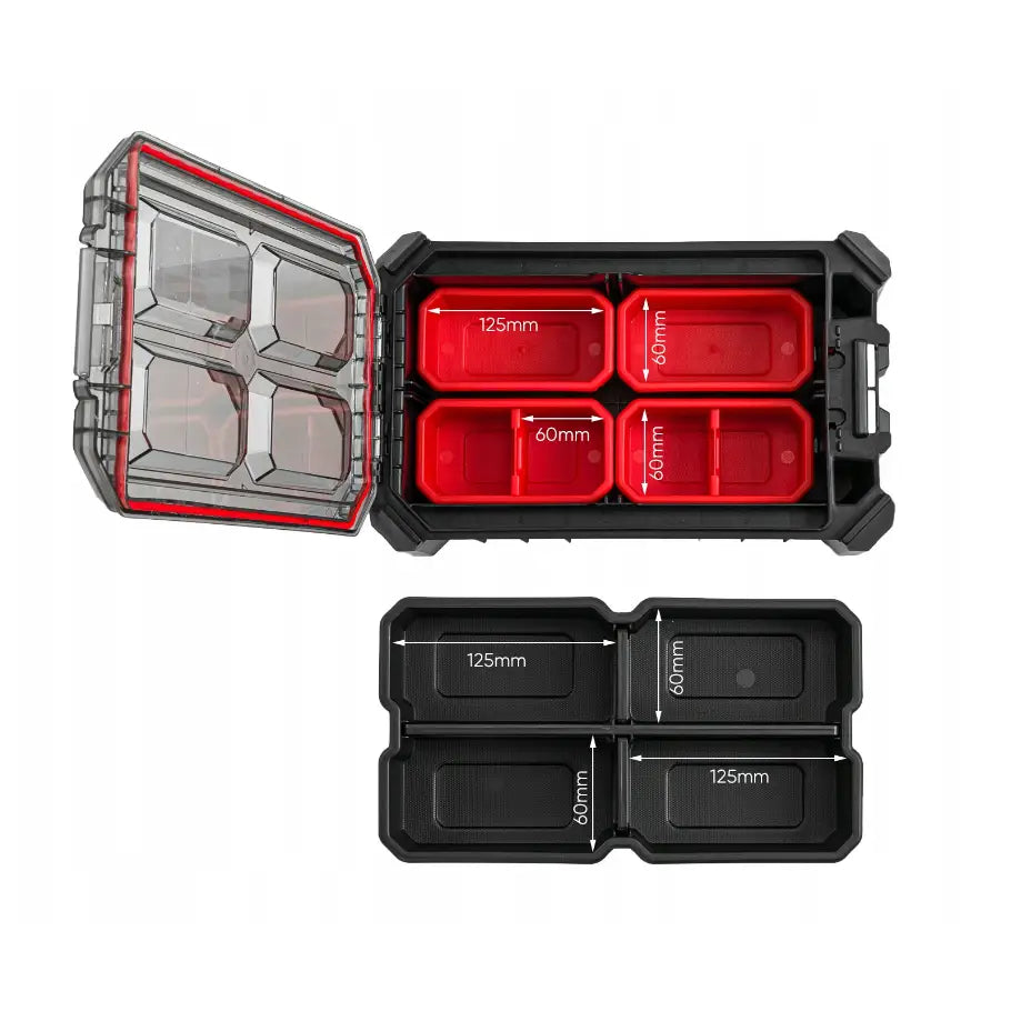 Verktøykasse på hjul fra Kistenberg, åpent lokk med fire røde rominndelere og tom boks under.