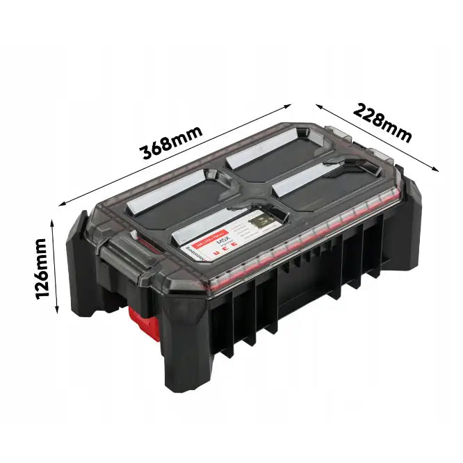 Verktøykasse på hjul Kistenberg, sort plastboks med røde detaljer, mål 368x228x126 mm sett skrått ovenfra.