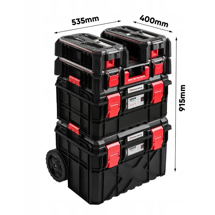 Verktøykasse på hjul fra Kistenberg, tre sorte moduler med røde klips og hjul, sett skrått med mål.