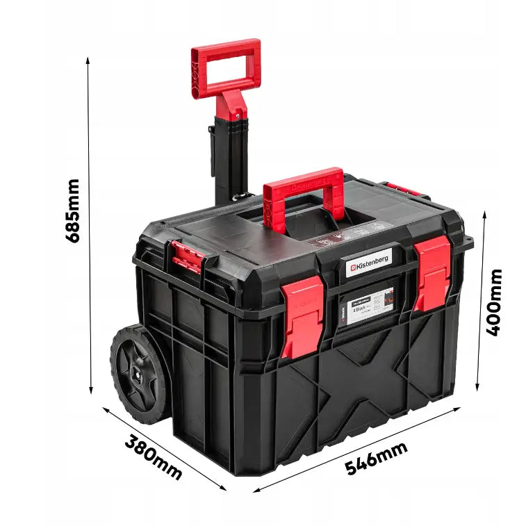Verktøykasse på hjul fra Kistenberg, sort hardplast med røde detaljer og tydelig viste mål.
