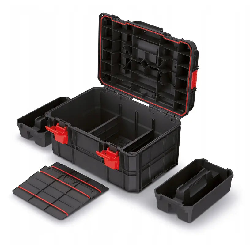 Verktøykasse på hjul fra Kistenberg sett ovenfra, åpent lokk, røde låser og avtagbare innsatser vises tydelig.