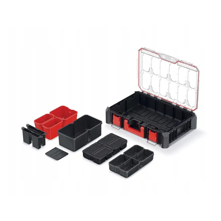 Verktøykasse på hjul Kistenberg, frontvisning med åpent lokk og løse innsatsbokser i sort og rødt.