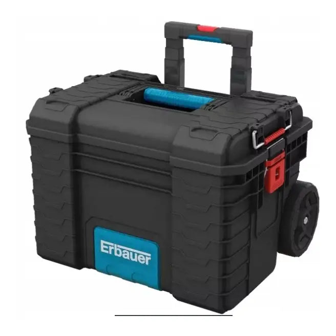 Verktøykasse på hjul, skrå forfra med synlig rød låsemekanisme, blått merke og teleskophåndtak.