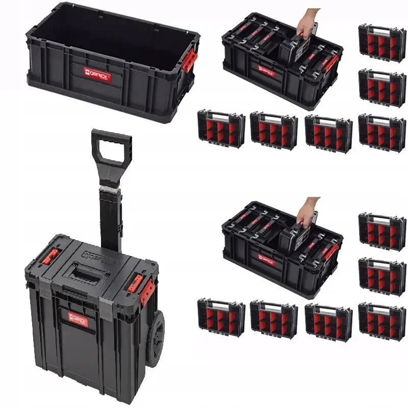 Verktøykasse Qbrick System To Set med avtagbar tralle, røde detaljer og sortimentesker, sett fra flere vinkler.