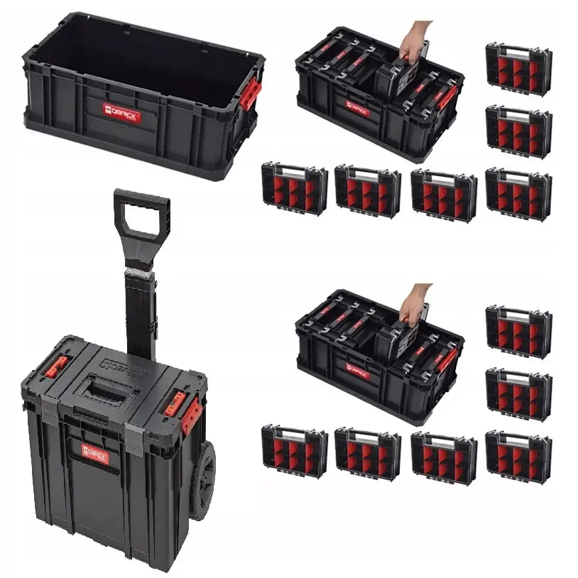 Verktøykasse Qbrick System To Set, trillekoffert med teleskophåndtak og avtagbare bokser, håndgrep vises.