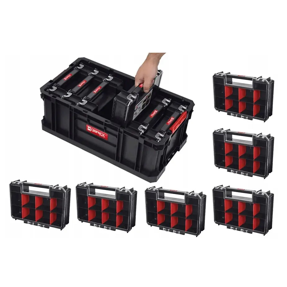 Verktøykasse Qbrick System To Set, sortimentsbokser i plast løftes ut og vises separat fra hovedkassen.