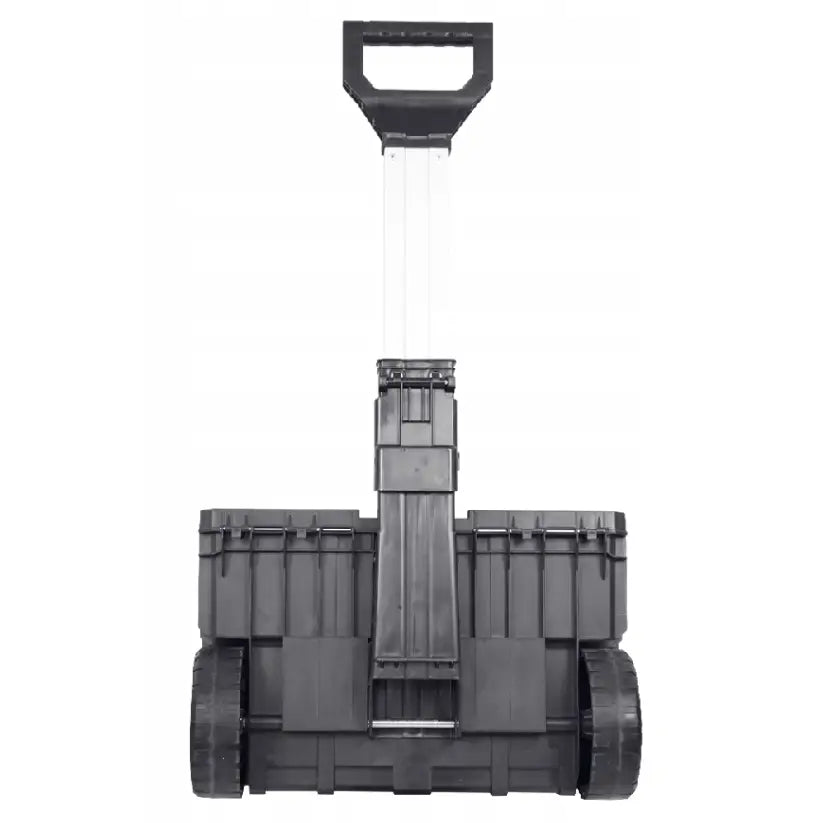 Verktøykasse Qbrick System To Set, bakside med store hjul og fullt utslått teleskophåndtak i plast.